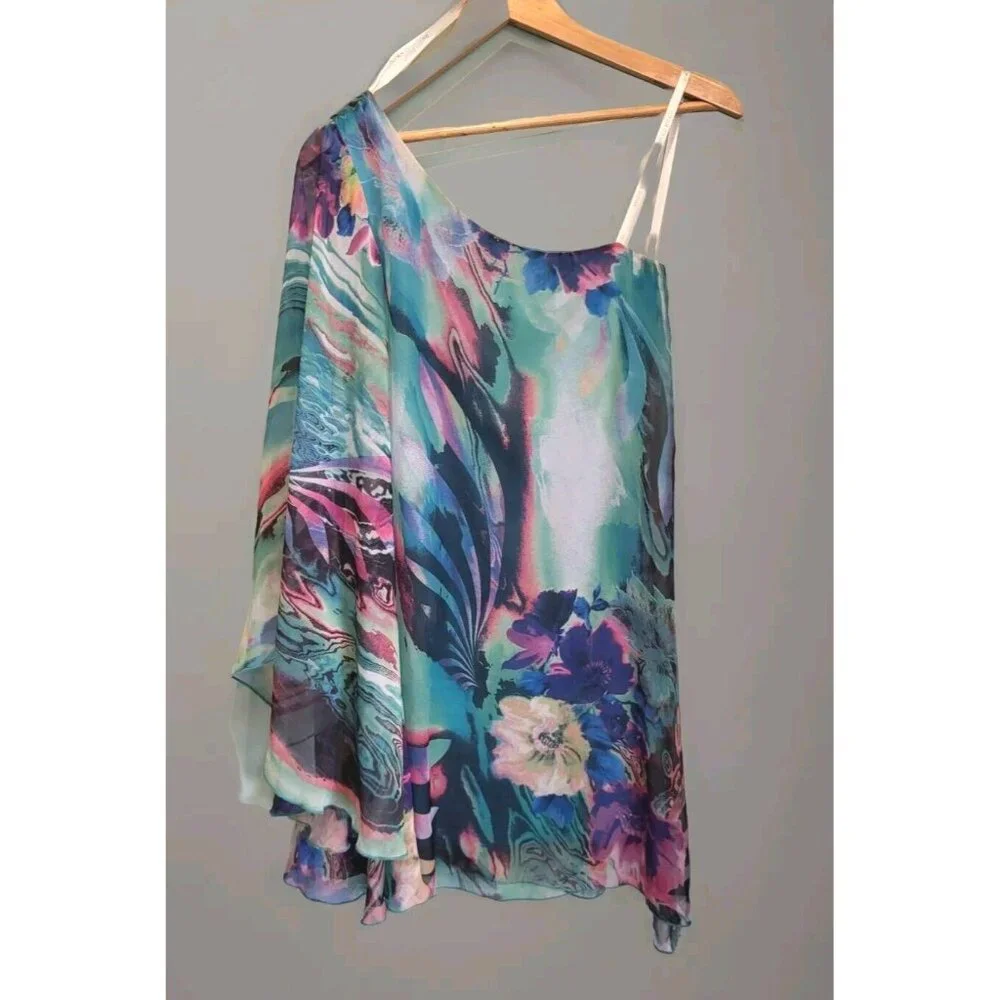 Fairycore Blue Green Chiffon Abstract Floral One Flared Sleeve Flowy Dress Sz 4 - Picture 1 of 8